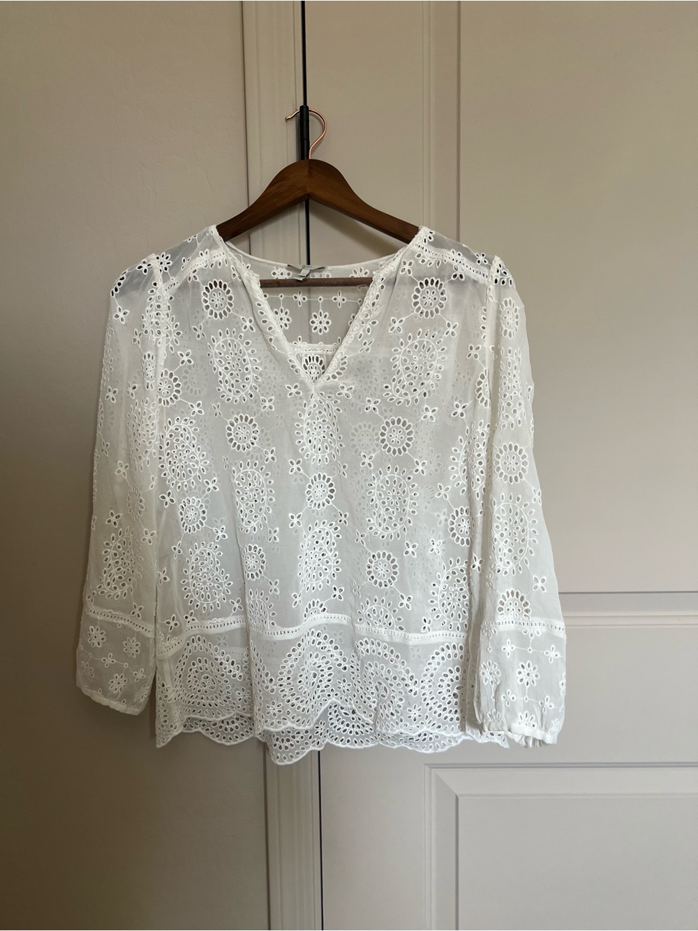 Joie White Sheer Eyelet V-Neck Blouse